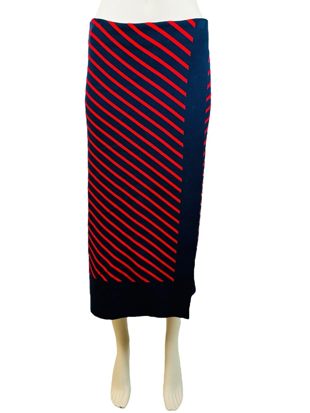 Tory Burch Midi Skirt Women's XS Diagnol Stripe Navy Red Wrap Knit Stretch